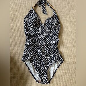 L.L.Bean Halter One Piece Swimsuit Navy White Geometric Print Ruched Size 12